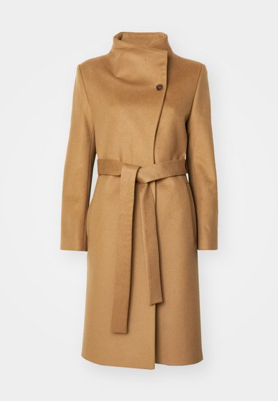 Camel wool blend coat with a high collar, single button, and a tied belt. Features long sleeves and a wrap design. Smooth texture.