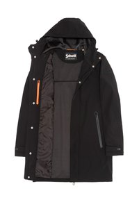 Abrigo negro impermeable con capucha, que cuenta con un forro interior suave, detalle de cremallera naranja, botones a presión y un bolsillo con cremallera.