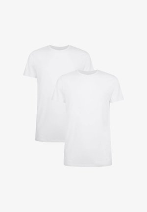 Twee witte t-shirts met korte mouwen, ronde hals, gladde textuur, identieke stijl, zonder patronen of accenten, met een schone, klassieke uitstraling.