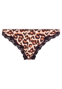 Unterwäsche mit Leopardenmuster aus glattem Stoff und schwarzem Spitzenbesatz entlang der Kanten. Verfügt über einen kleinen metallischen Akzent in der Nähe des Bundes.