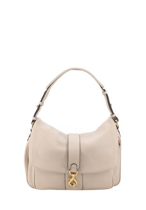 Beige leather shoulder bag with a curved silhouette, a hinged clasp, black accents, and visible stitching detail on the flap.