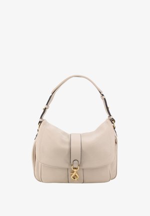 Beige leather shoulder bag with a curved silhouette, a hinged clasp, black accents, and visible stitching detail on the flap.