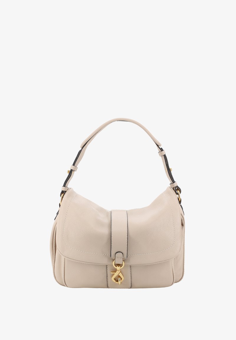 Beige leather shoulder bag with a curved silhouette, a hinged clasp, black accents, and visible stitching detail on the flap.
