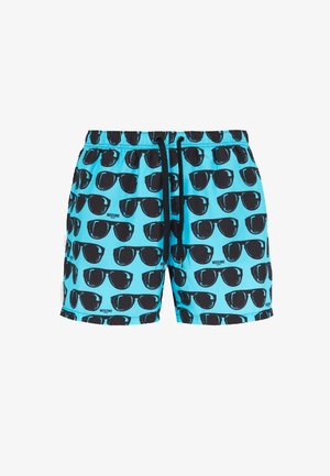 Pantaloni da bagno blu con un motivo ripetuto di occhiali da sole neri, dotati di una vita elastica e di un cordoncino per una vestibilità sicura.