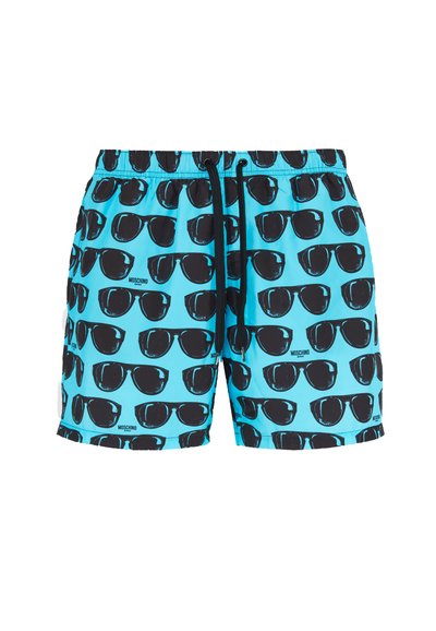 Pantaloni da bagno blu con un motivo ripetuto di occhiali da sole neri, dotati di una vita elastica e di un cordoncino per una vestibilità sicura.