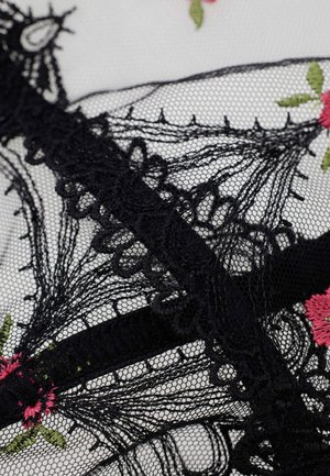 Tissu en dentelle noire avec des motifs floraux complexes et des fleurs brodées roses avec des feuilles vertes sur un fond blanc transparent.