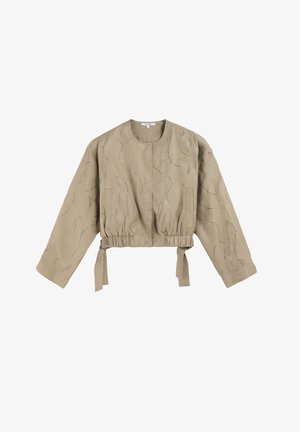 Beige verkürzte Jacke mit langen Ärmeln, gerafftem Bund und Bindeschlaufen. Verfügt über ein strukturiertes Muster mit metallischen Fäden. Glattes Material.