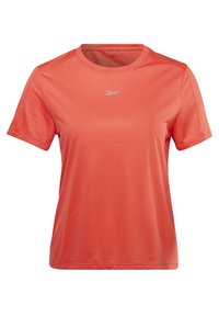 Korallfärgad sport-T-shirt med korta ärmar, rund halsringning och en lätt, slät textur. Har en liten logotyp på bröstet.