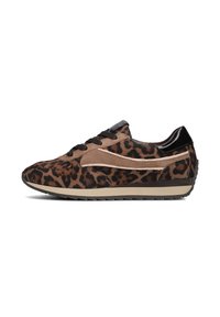 Leopard print sneaker featuring a combination of suede and patent leather, with black accents, round toe, and textured sole.