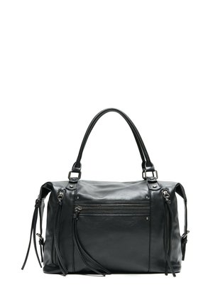 Sac à main en cuir noir avec deux poignées, trois poches zippées à l'avant et des sangles latérales réglables sur fond blanc.