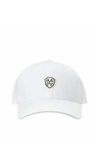 Weißer Baseballcap mit einem gestickten Wappenlogo, das "ITALIA" und das Jahr "1969" in Schwarz zeigt, akzentuiert durch grüne und rote Sterne.