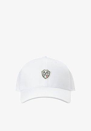 Witte baseballcap met een geborduurd schildlogo met "ITALIA" en het jaar "1969" in het zwart, geaccentueerd door groene en rode sterren.