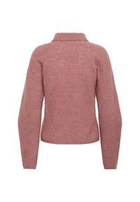 Maglione lavorato a maglia in colore rosa tenue, con collo a camicia, maniche lunghe, texture a coste e silhouette aderente.