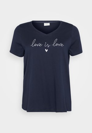 Navy V-neck T-shirt made of soft fabric with short sleeves. Features white text “love is love” and a small heart design.
