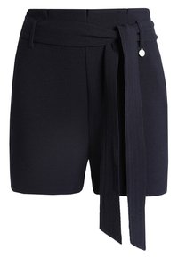 Shorts ajustés bleu marine en tissu texturé, avec une ceinture assortie nouée à la taille et un détail en métal sur la passant de ceinture.