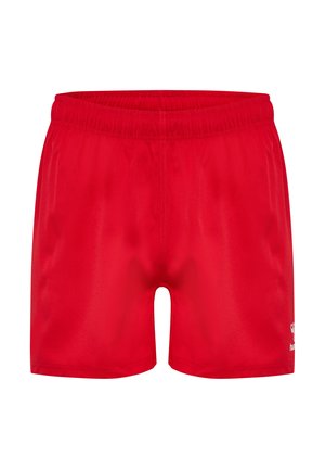 Røde atletikshorts med elastisk talje og lille hvidt logo på den nederste side, vist mod en hvid baggrund.