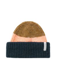 Knit beanie featuring brown, peach, and dark blue stripes, with a ribbed texture and a sewn label on the side.