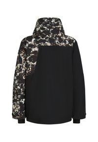 Zwarte jack met een gemust bovenstuk in bruin, wit en zwart. Inclusief een capuchon en elastische manchetten.