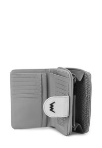 Gray wallet made of synthetic material, featuring multiple card slots, a zippered compartment, and a contrasting white closure with black accents.