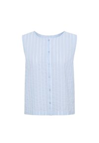 Blouse sans manches bleu clair avec des rayures verticales blanches, encolure ronde et fermeture par des boutons bleu clair sur le devant.