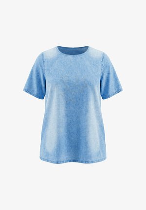 Hellblaues Kurzarmhemd im Denim-Stil mit drei dezenten Sternumrissen auf der Brust, rundem Ausschnitt und legerer Passform.