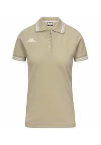 Polo beige in cotone, con colletto, tre bottoni e dettagli a righe bianche sulle maniche. Logo Kappa ricamato sul petto.