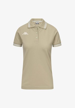 Polo beige in cotone, con colletto, tre bottoni e dettagli a righe bianche sulle maniche. Logo Kappa ricamato sul petto.