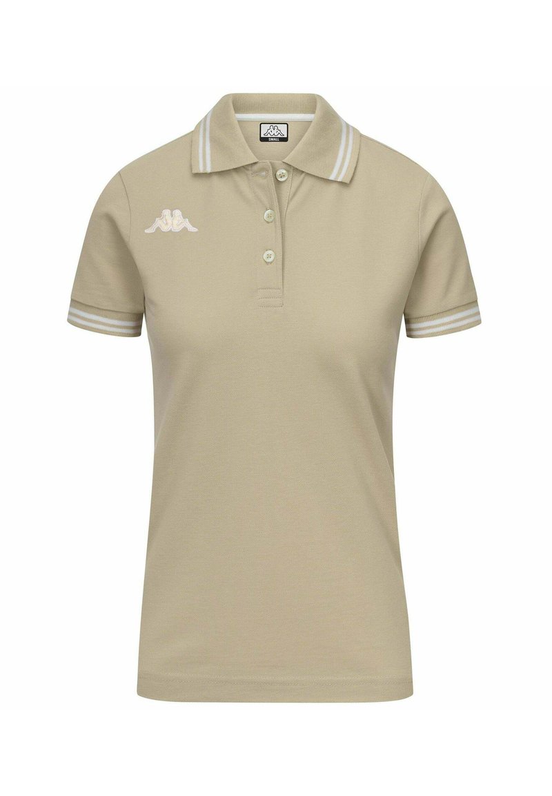 Polo beige in cotone, con colletto, tre bottoni e dettagli a righe bianche sulle maniche. Logo Kappa ricamato sul petto.