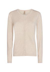 Jasne beżowy kardigan z długim rękawem, okrągłym dekoltem i zapięciem na guziki z przodu. Wykonany z miękkiego, prążkowanego materiału o gładkiej fakturze.