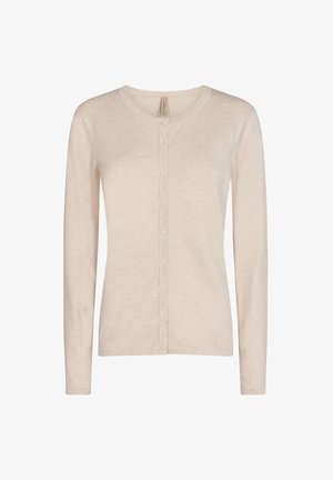Cardigan long beige clair à manches longues avec un col rond et une fermeture à boutons sur le devant. Fabriqué en tissu doux et côtelé avec une texture lisse.
