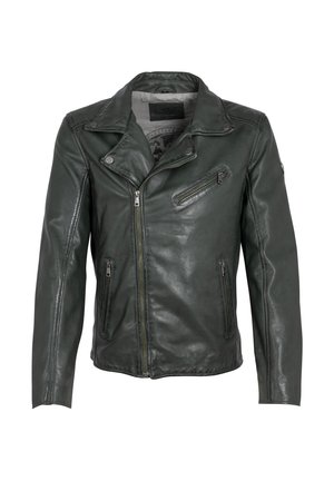 Giacca da moto in pelle verde scuro con design classico, zip asimmetrica, multiple tasche frontali e una texture liscia e lucida.