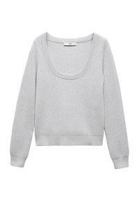 Šedý pletený svetr s kulatým výstřihem, dlouhými rukávy, strukturovaným žebrováním a přiléhavým lemem. Obsahuje měkký, lehký materiál.