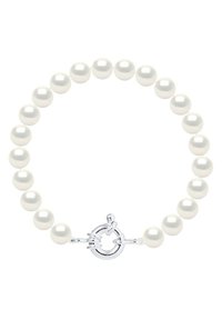 Bracelet en perles blanches présentant des perles de taille uniforme et un fermoir à bascule en argent circulaire, mettant en valeur une texture lisse et brillante.