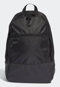 Black nylon backpack with a textured surface, features a front zipper pocket, and adjustable straps. Accented with a logo on the top.