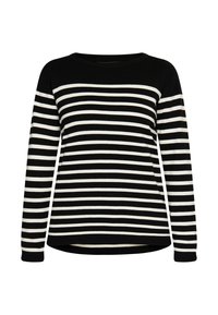 Pulover cu dungi negre și albe, cu guler rotund, mâneci lungi și croială lejeră. Fabricat dintr-un material tricotat moale.