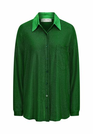 Grüne Hemdbluse mit glänzender Oberfläche, featuring einen kontrastierenden glänzenden Kragen, einer einzelnen Brusttasche und langen Ärmeln.