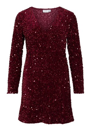Burgundijska obleka s sekvencami z dolgimi rokavi, V-izrezom in ovijenim dizajnom. Ima teksturirano blago in sijoče sekvence po celotni dolžini.