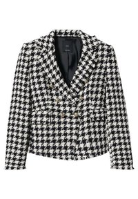 Černobílý houndstooth blejzr s dvojitým zapínáním, strukturovanými rameny a dvěma předními kapsami; texturovaná tkanina.