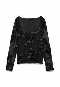 Sort langærmet top lavet af gennemsigtigt stof med fremhævede blomsterapplikationer. Rund halsudskæring, let løs pasform og strukturerede ærmer.