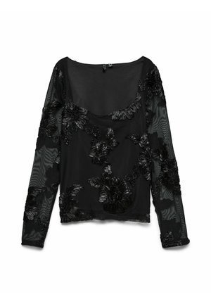 Crna majica s dugim rukavima od prozirne tkanine, s uzdignutim cvjetnim aplikacijama. Okrugli izrez, lagano opuštenog kroja i teksturirani rukavi.