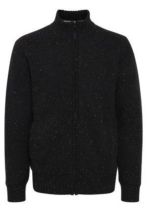 Crni zip-up dukserica s visokim ovratnikom, teksturiranom pletenom šablonom i točkicama u bijelim i smeškim nijansama. Rebrasti manžeti i porub.