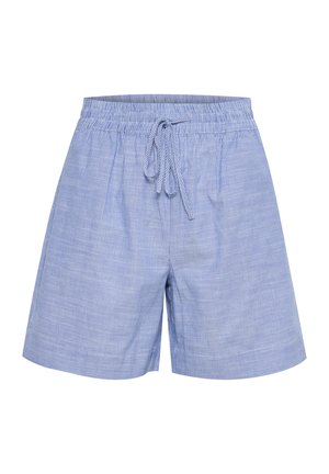 Blue and white striped shorts with an elastic waistband, adjustable drawstring, and side pockets. Made of lightweight fabric.