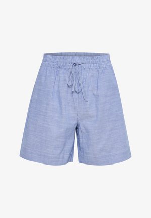 Pantaloni corti a righe blu e bianche con vita elastica, cordoncino regolabile e tasche laterali. Realizzati in tessuto leggero.