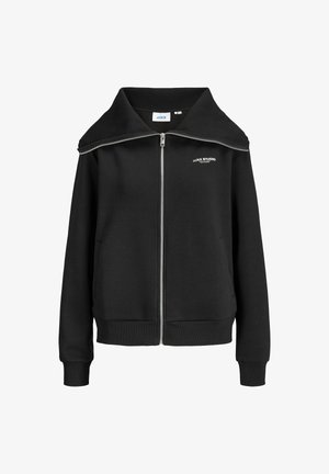 Sweatshirt noir zippé avec un large col, des poignets et un ourlet côtelés. Il dispose de poches latérales et d'un petit logo blanc sur la poitrine. Tissu doux.