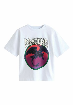 Weißes Baumwoll-T-Shirt mit einem kreisförmigen Grafikdesign eines Drachen in Schwarz- und Lilatönen, darüber das Wort "DRAGONS" in fetter Schrift.