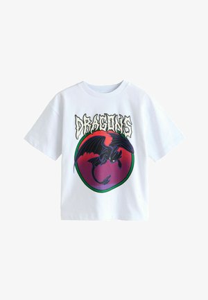 Weißes Baumwoll-T-Shirt mit einem kreisförmigen Grafikdesign eines Drachen in Schwarz- und Lilatönen, darüber das Wort "DRAGONS" in fetter Schrift.