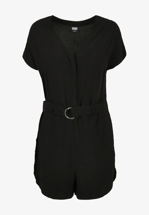 Czarny kombinezon z krótkimi rękawami, dekoltem w serek i ściąganym w pasie, z ozdobnym srebrnym zapięciem. Wykonany z lekkiego materiału.