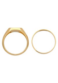 Set di anelli color oro con design a cima quadrata e una fascia sottile e liscia. L'anello massiccio presenta superfici lucide e linee pulite.