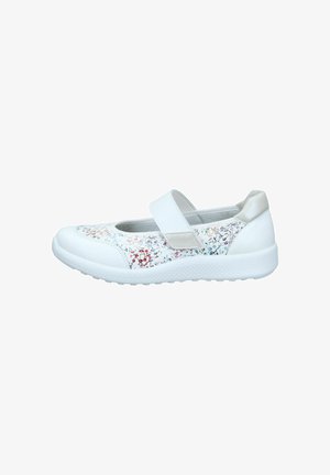 White Mary Jane shoe with Velcro strap, colorful dotted pattern on sides, cushioned sole, and padded heel collar for comfort.