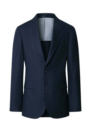 Blazer azul marino para hombre con patrón de cuadros sutil, solapas con muescas, dos botones delanteros y bolsillos con solapa a ambos lados.